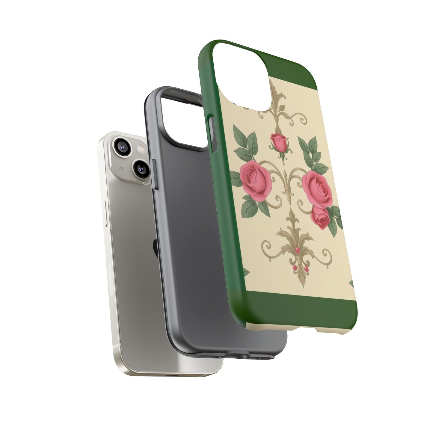 Elegant Floral Motif Phone Case - Tough Cases with Vintage Design - Green Border Roses & Damask