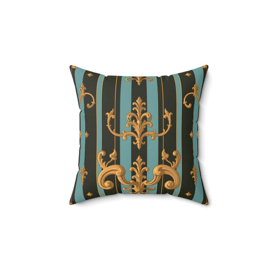 Elegant Faux Suede Square Pillow - Vintage Decor, Accent Cushion, Home Decor, Gift for Her - Black & Turquoise Striped Baroque