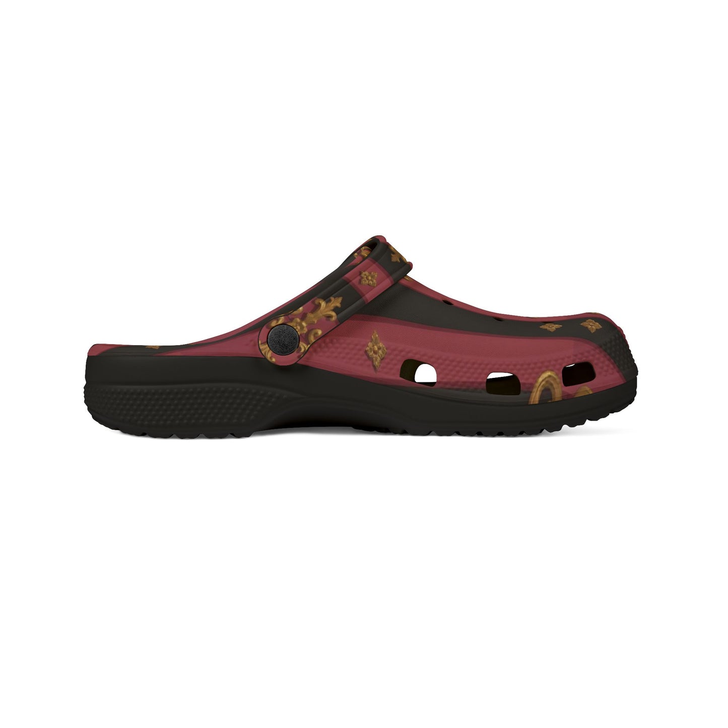 Chic Black & Mauve Striped Gold Baroque EVA Foam Rubber Clogs for Stylish Comfort, Trendy House Shoes, Unique Gift Idea