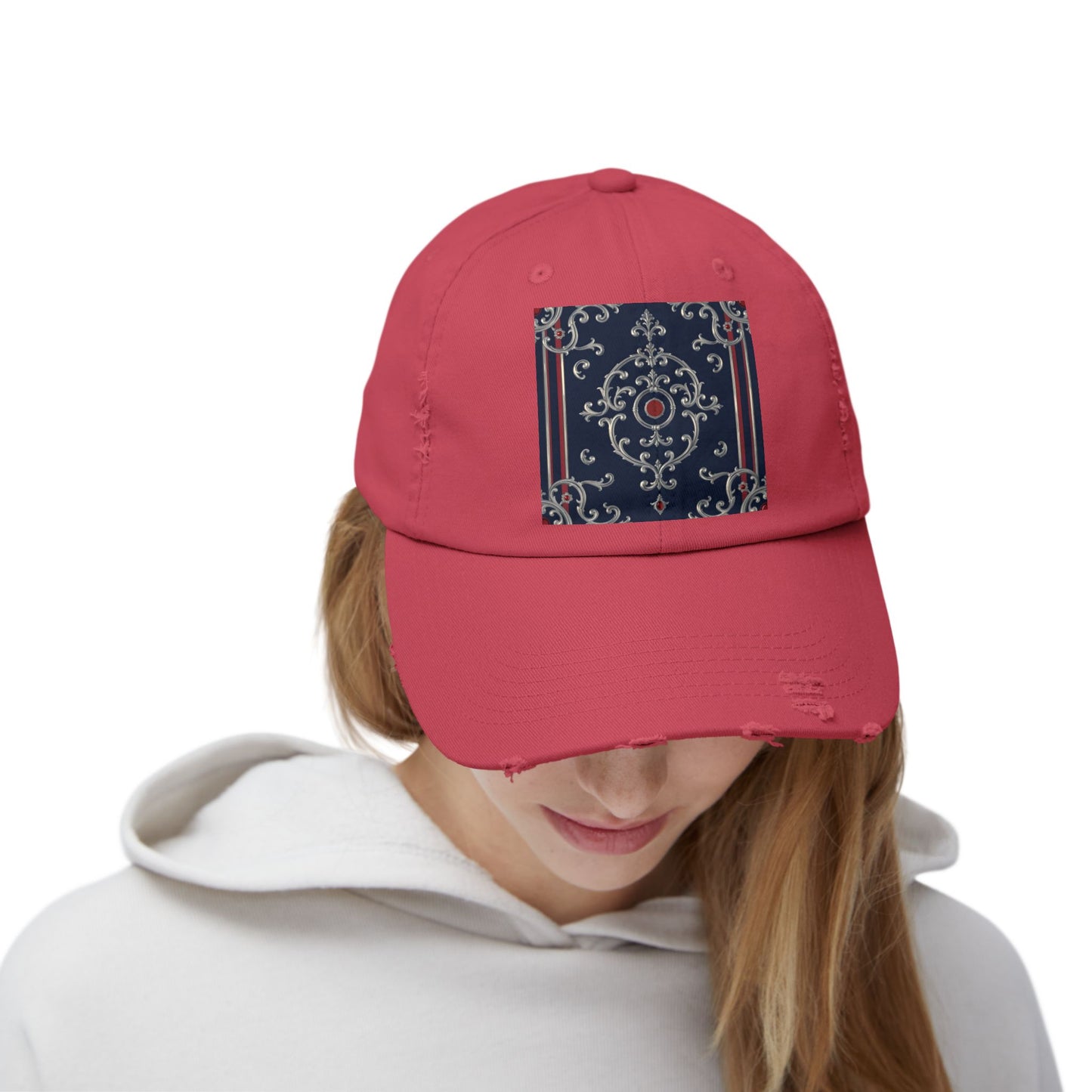 Stylish Unisex Distressed Cap with Ornate Design, Casual Hat for Outdoor Adventures, Beach Days - Blue & Red Silver Baroque