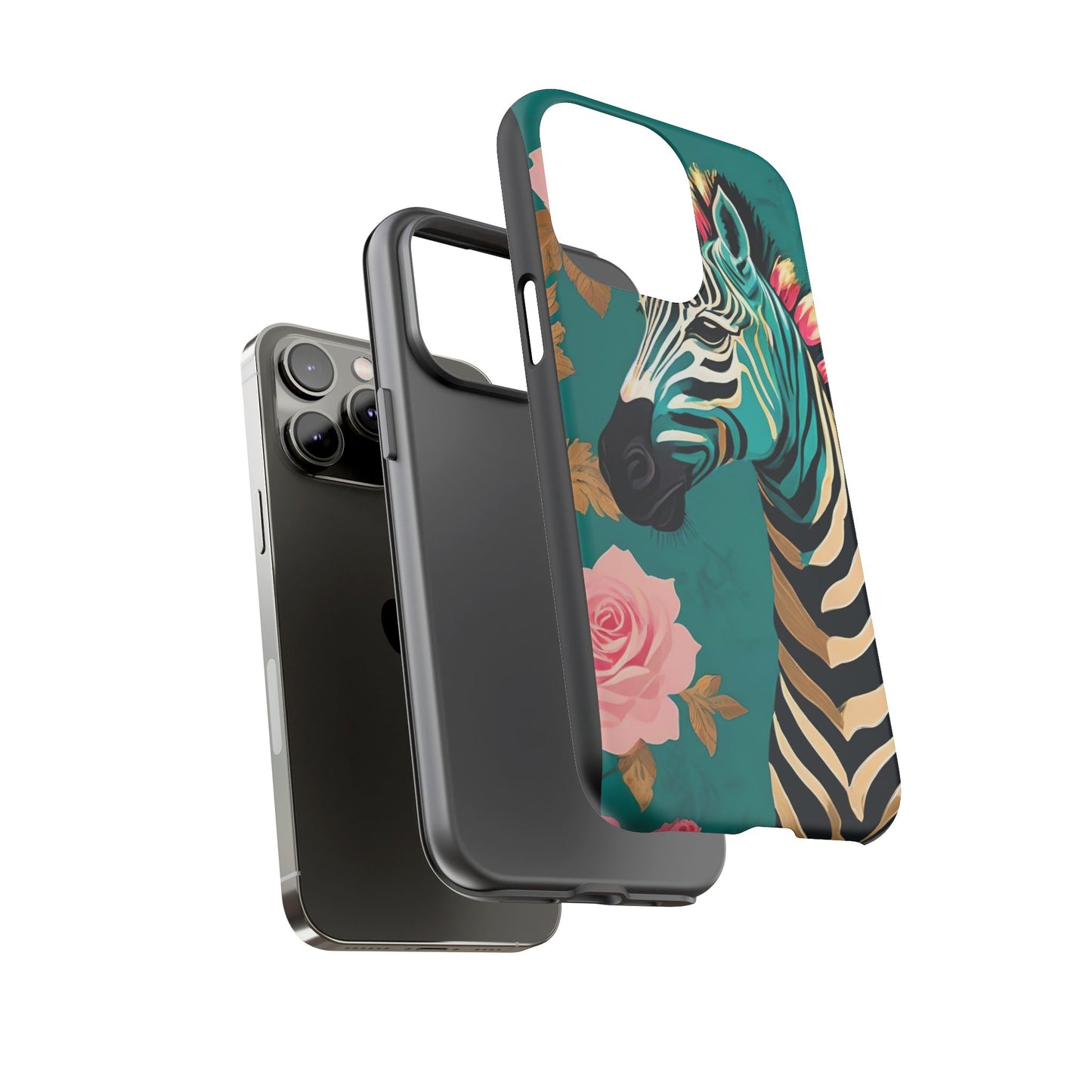 Phone Case - Elegant Teal & Gold Zebra & Roses Design