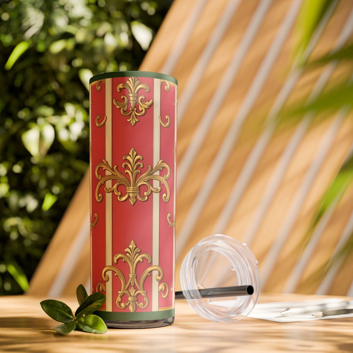 Elegant Green Border Pink Striped Baroque Skinny Tumbler with Straw, Reusable Travel Mug, Gift for Her, Fashionable Drinkware