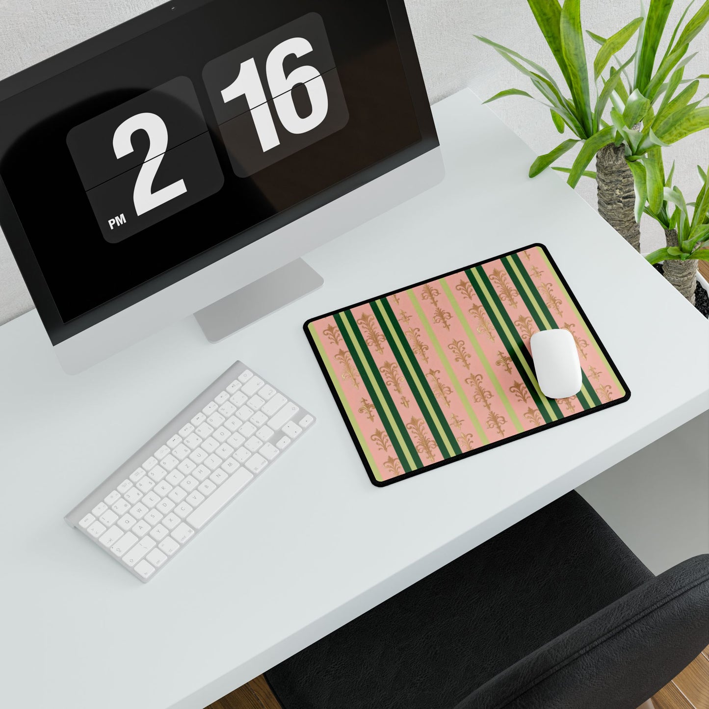 Elegant Floral Motif Desk Mat for Home Office Decor - Lime Green & Pink Striped Damask