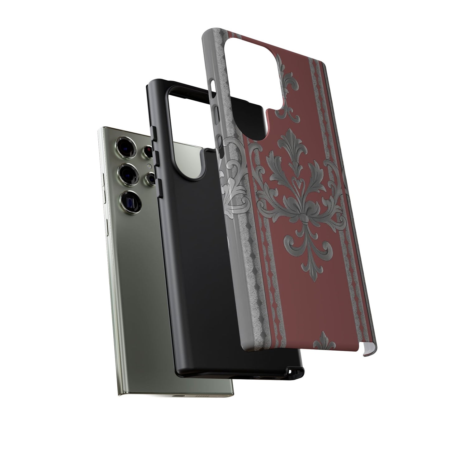 Elegant Floral Phone Case - Tough Cases for Stylish Protection - Gray & Mauve Striped Baroque