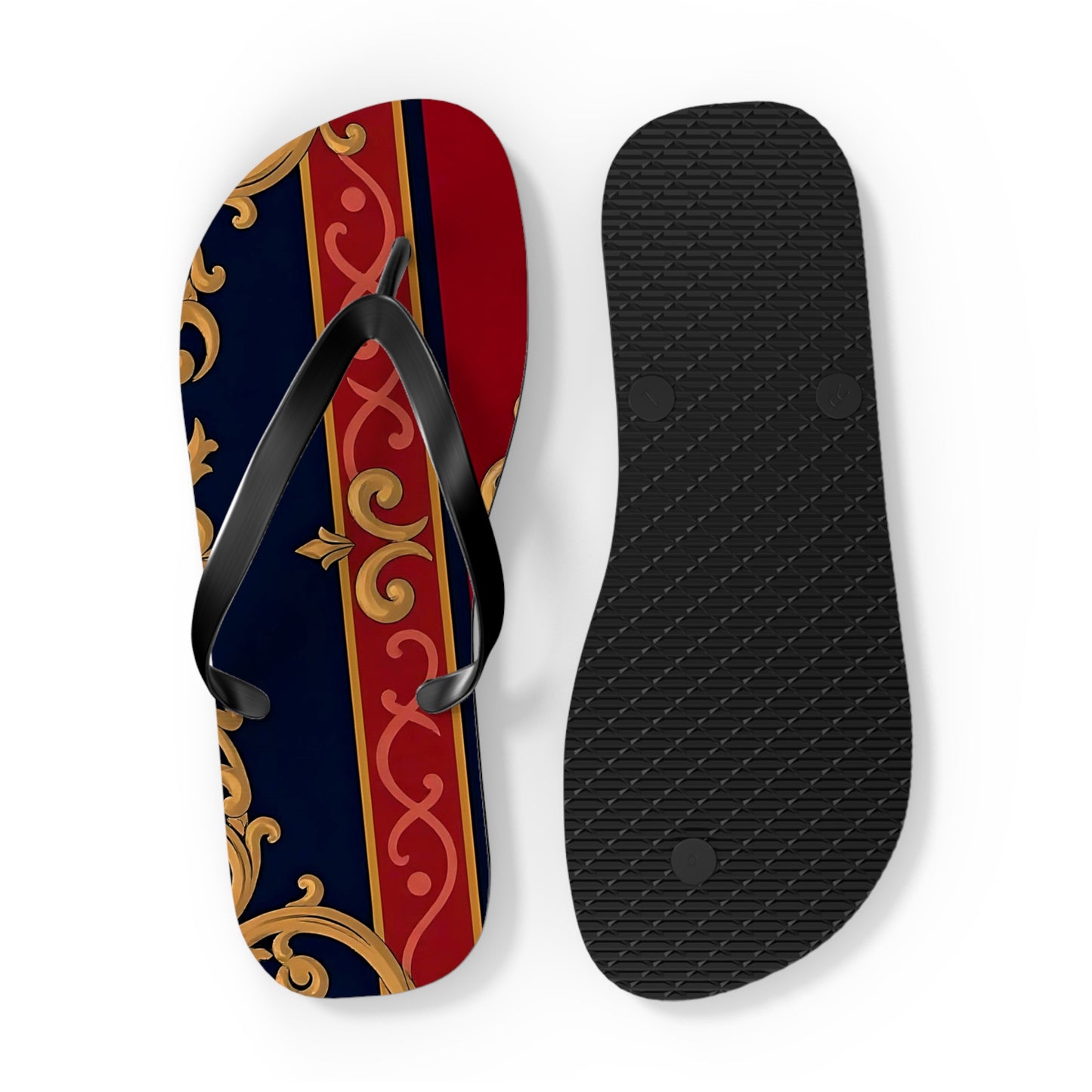 Elegant Vintage Flip Flops, Stylish Summer Footwear, Beachwear Accessories, Vacation Essentials - Midnight Blue & Dusk Red Gold Baroque