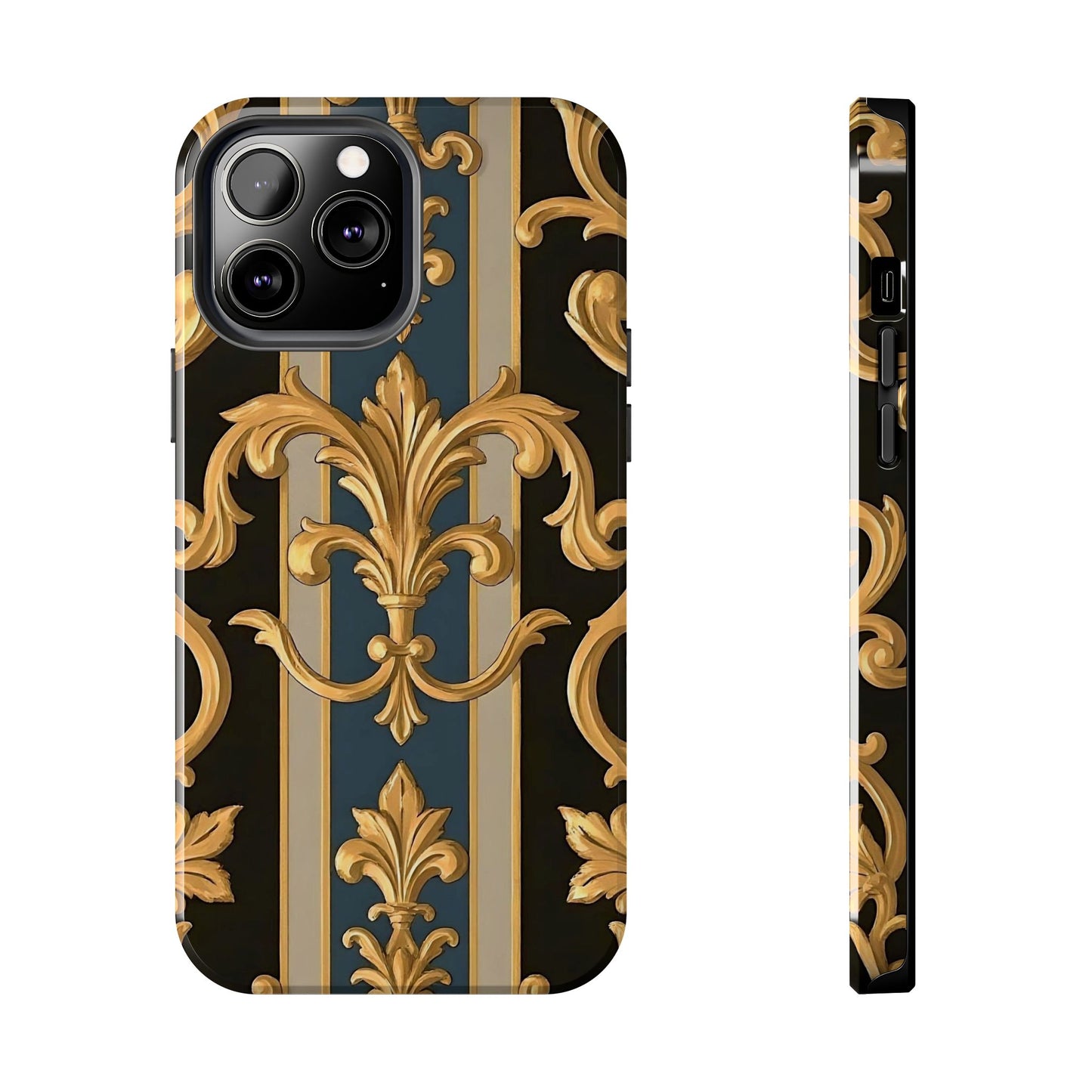 Elegant Rococo Phone Cases, Tough iPhone Case, Floral Design Case, Luxury Phone Cover - Blue & Black Striped Rococo