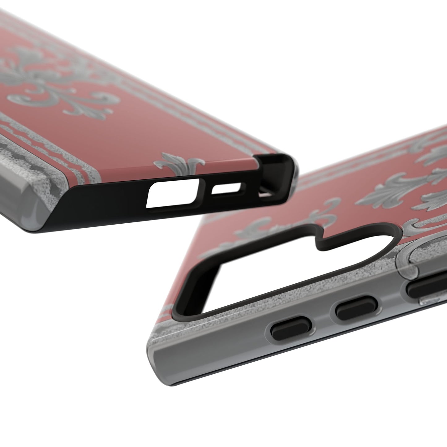 Elegant Floral Phone Case - Tough Cases for Stylish Protection - Gray & Mauve Striped Baroque