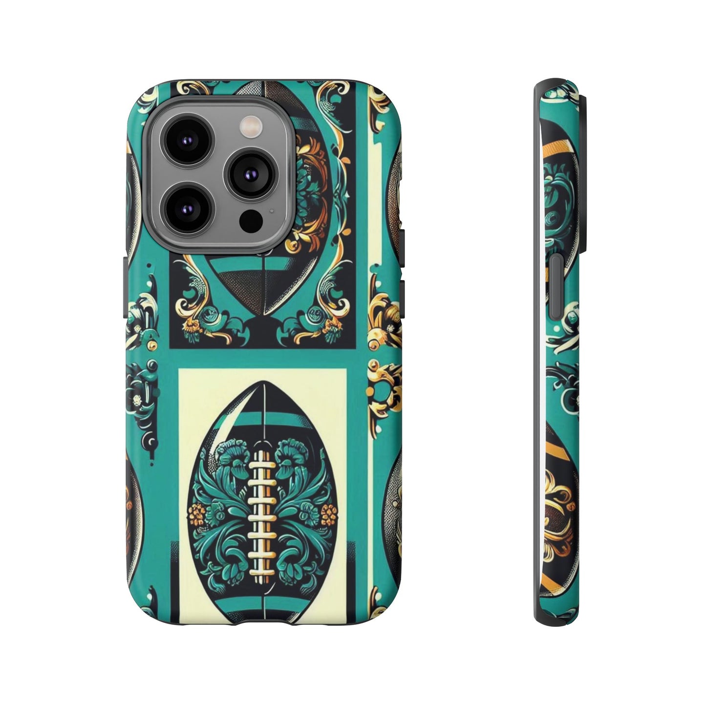 Elegant Floral Motif Phone Case - Tough Cases with Vintage Design -  Damask Teal, Gold & Black Footballs