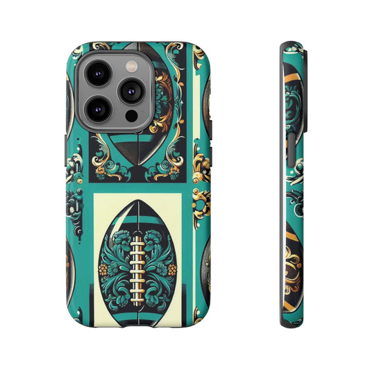 Elegant Floral Motif Phone Case - Tough Cases with Vintage Design -  Damask Teal, Gold & Black Footballs