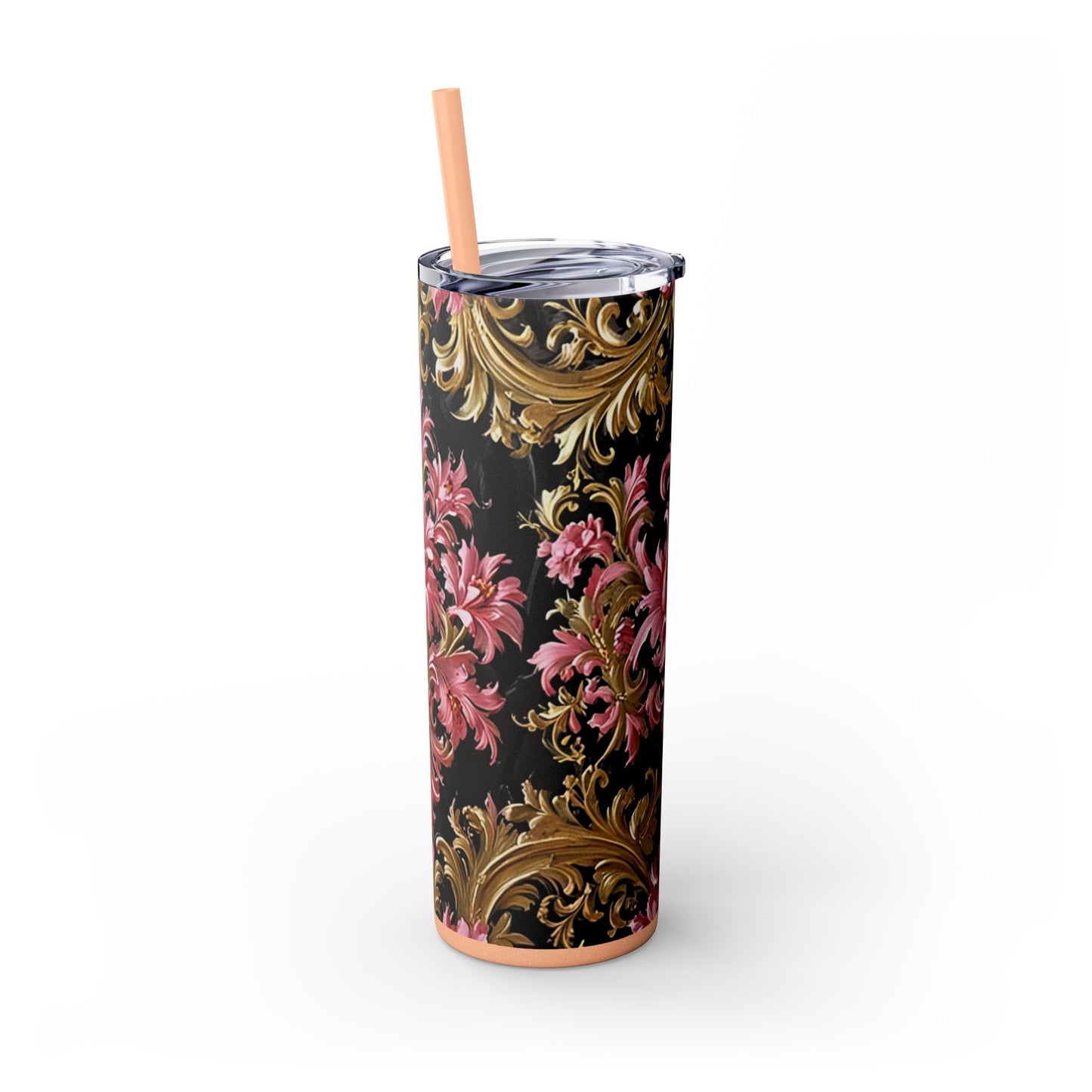 Chic Floral Skinny Tumbler with Straw, 20oz - Elegant Drinkware for Tea Lovers, Travel Mugs, Gifts for Her - Black & Pink Oil Painting Style Rococo