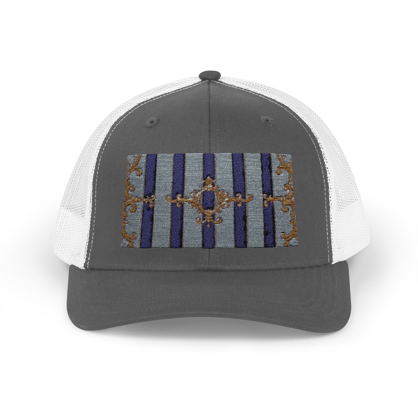 Stylish Snapback Trucker Cap with Vibrant Pattern, Trendy Hat for Outdoor Adventures, Casual Wear - Striped Gold Baroque