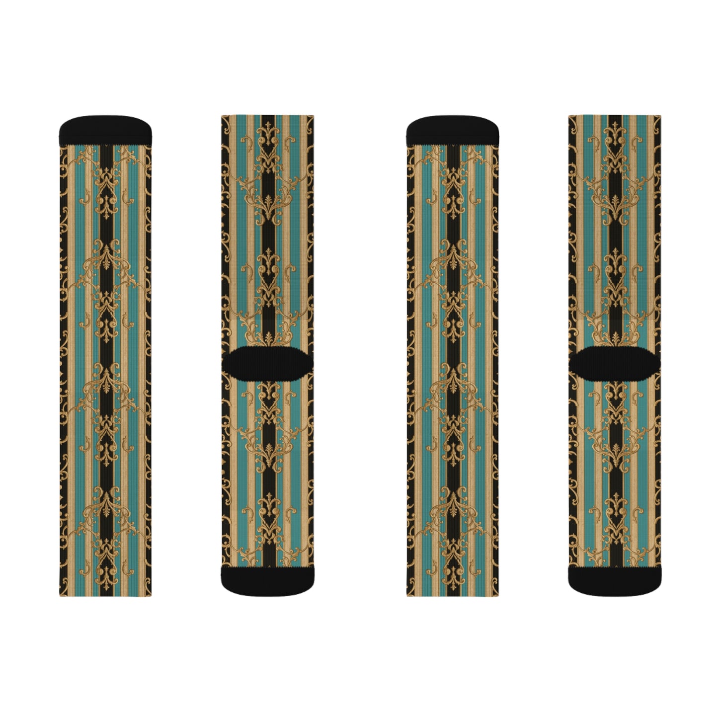 Stylish Black, Tan & Ocean Green Striped Gold Baroque Sublimation Socks, Unique Fashion Footwear, Trendy Gift for Fashion Lovers