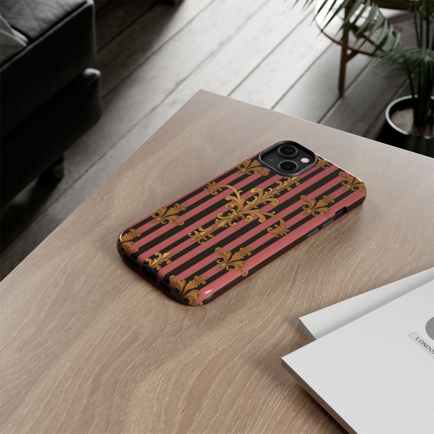 Elegant Floral Motif Phone Case - Tough Cases with Vintage Design - Mauve Striped Gold Damask