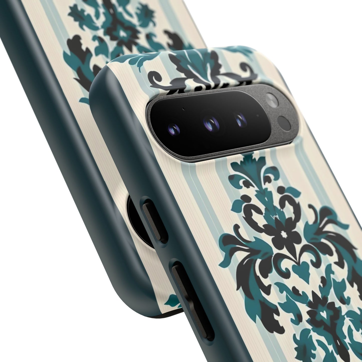 Elegant Floral Phone Case - Tough Cases with Vintage Design - Teal Striped Damask