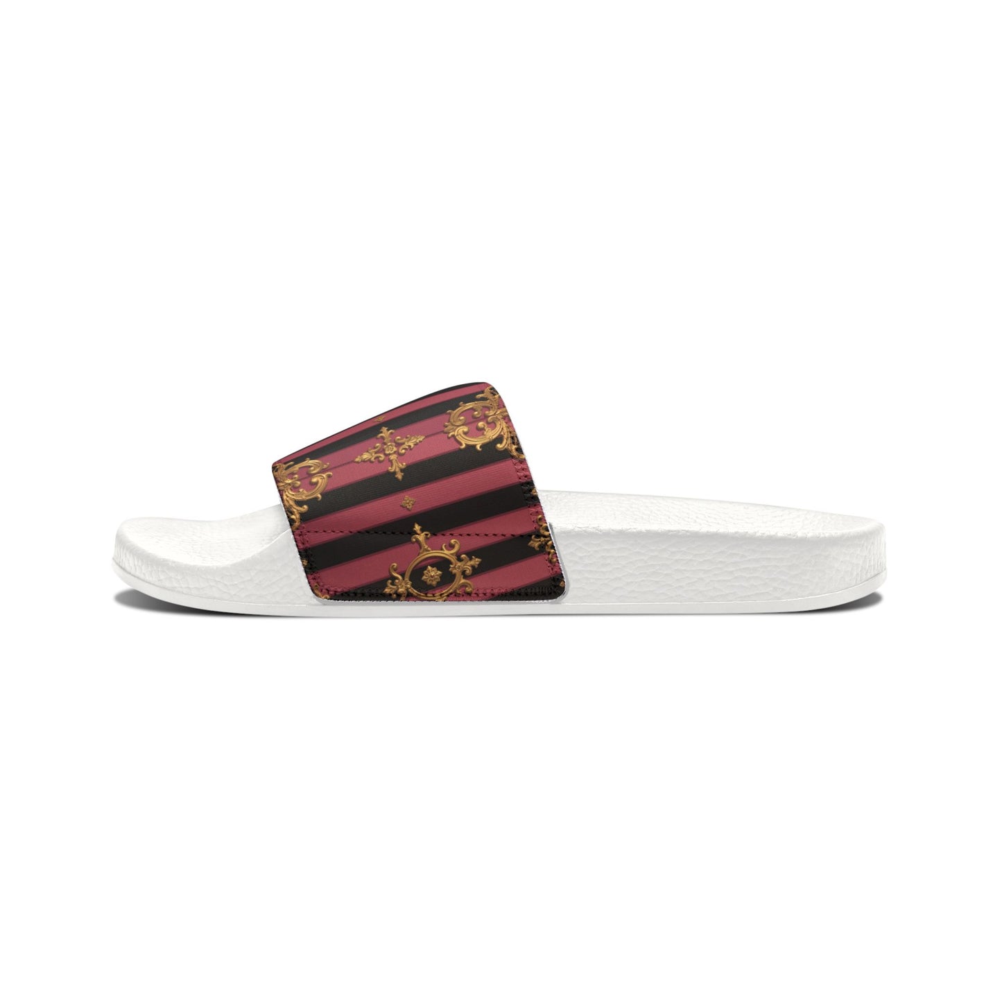 Chic Black & Mauve Striped Gold Baroque Women's Removable-Strap Sandals, Comfortable Summer Footwear