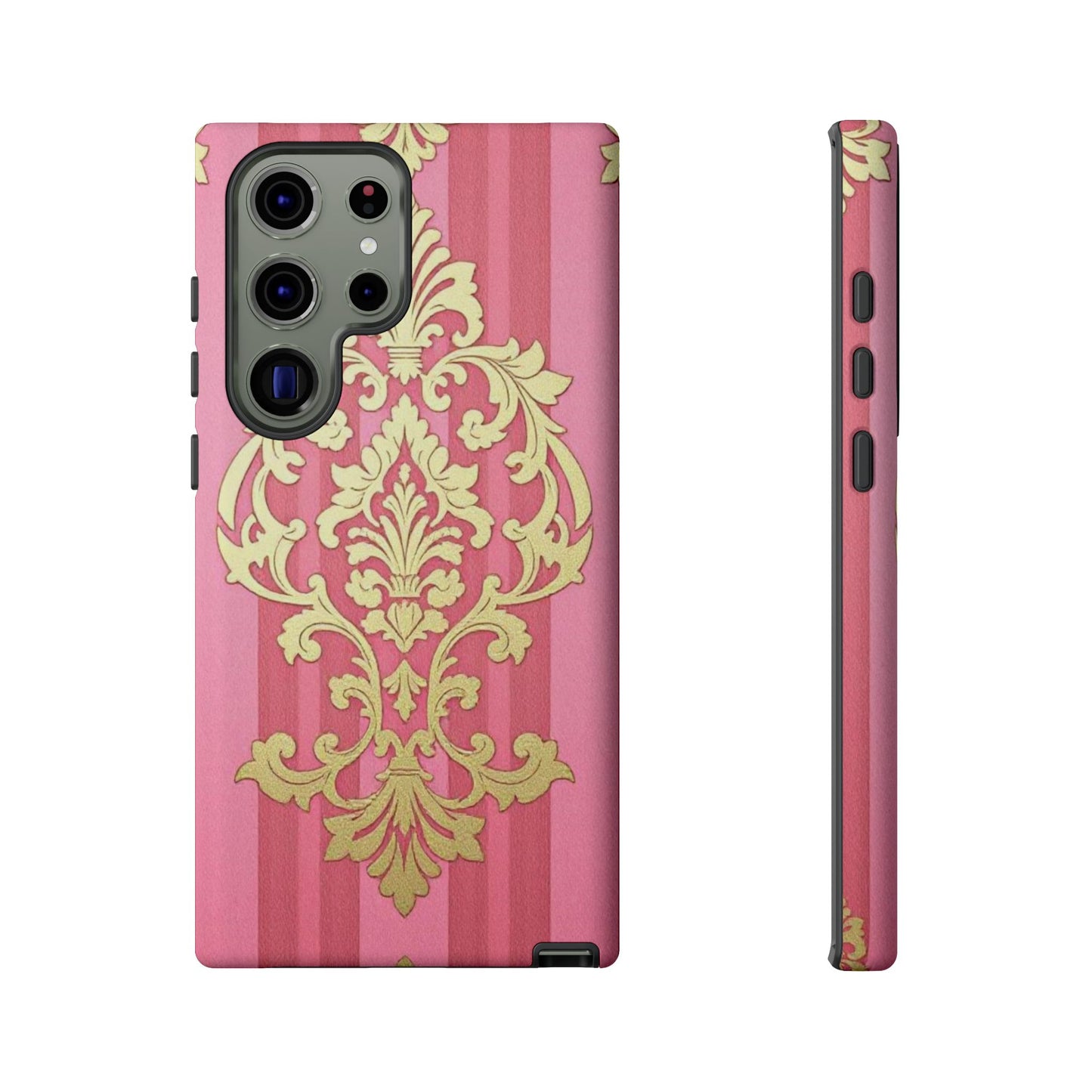 Elegant Floral Motif Phone Case - Tough Cases with Vintage Design - Pink Striped Damask