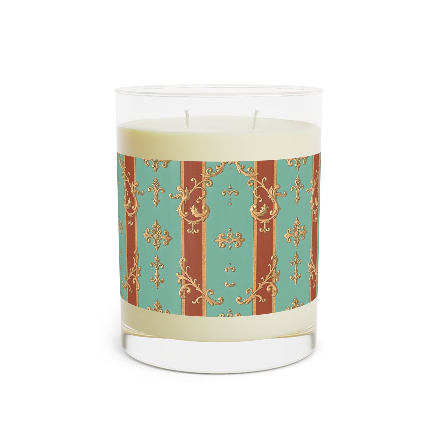 Elegant Vintage Scented Candle - 11oz Glass - Rust & Mint Aqua Striped Baroque