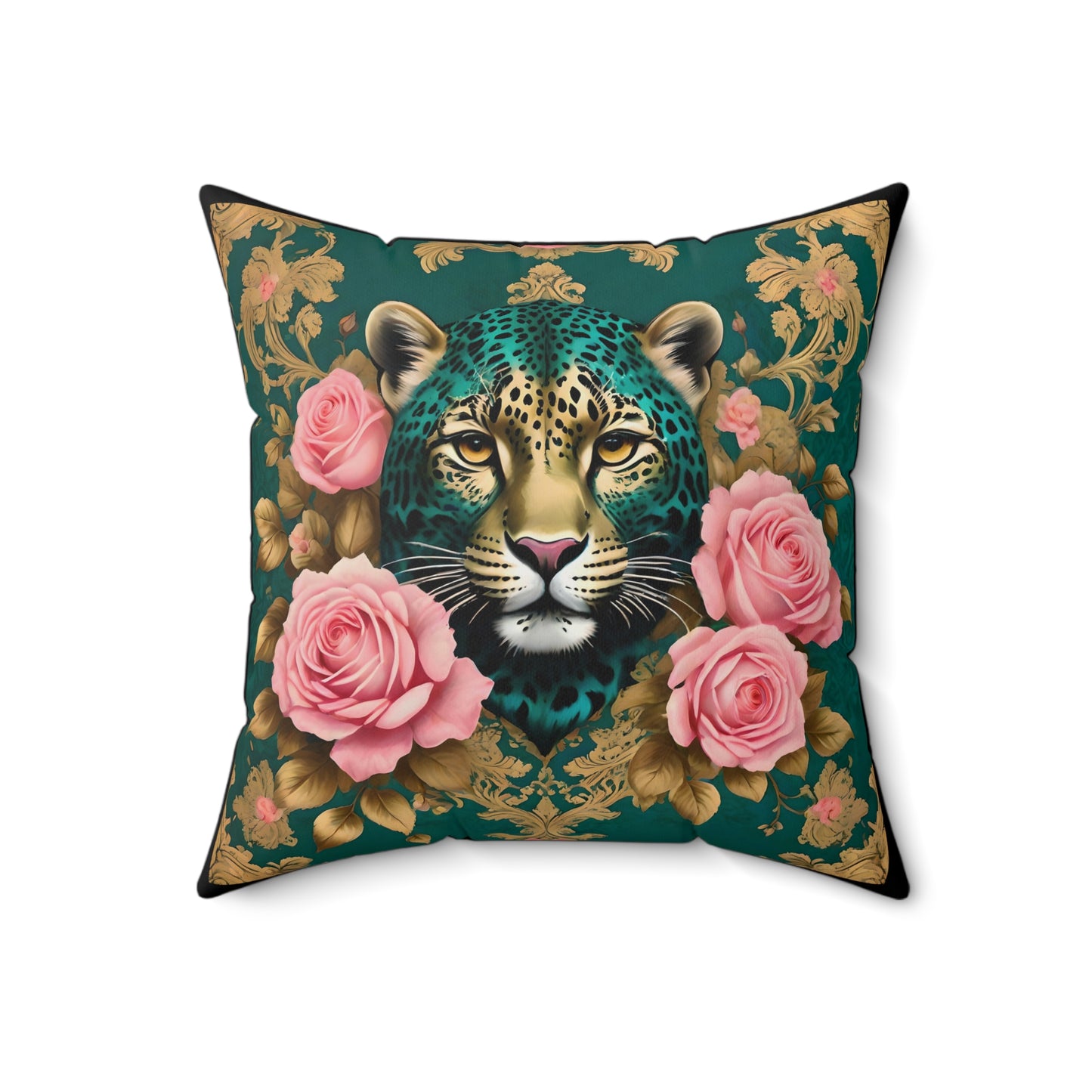 Elegant Luxe Faux Suede Pillow with Leopard and Roses Design - Teal Leopard