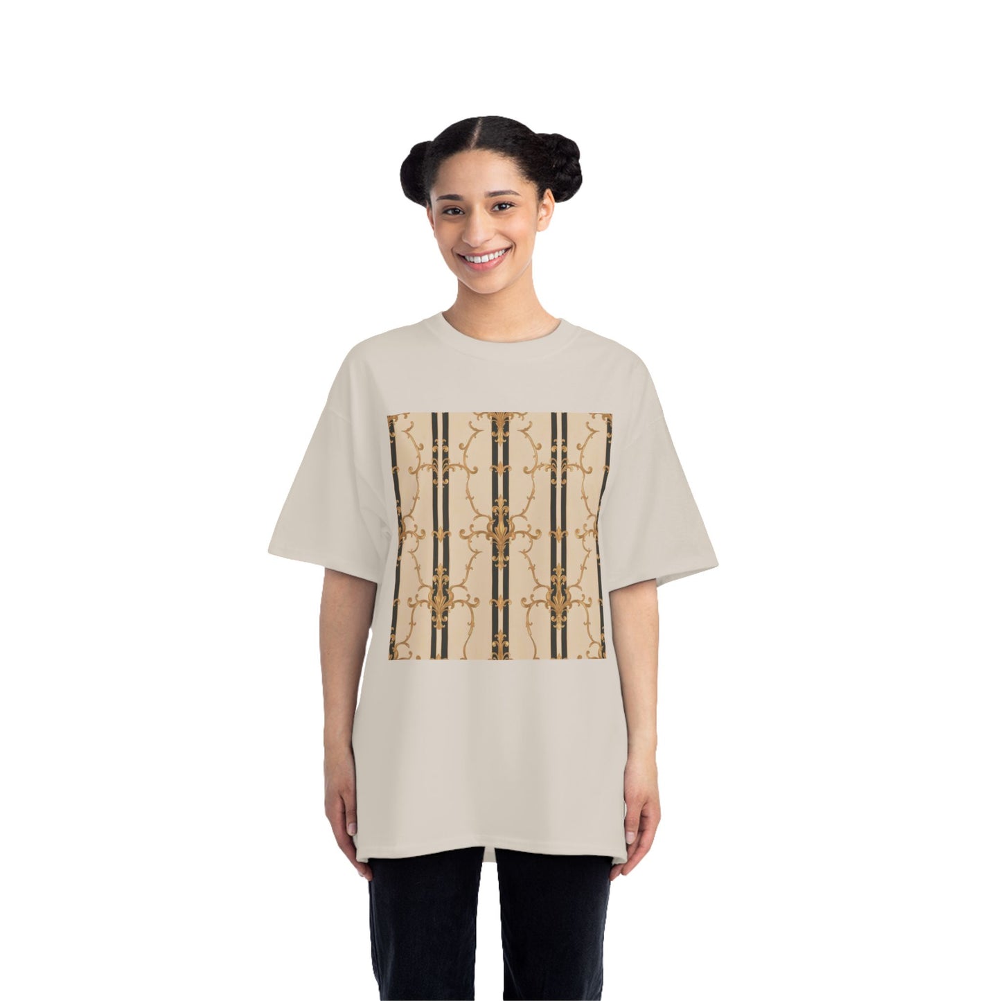 Stylish Graphic Tee for Casual Wear, Fashionable Short-Sleeve Shirt, Unique Summer Top - Black & Beige Striped Damask