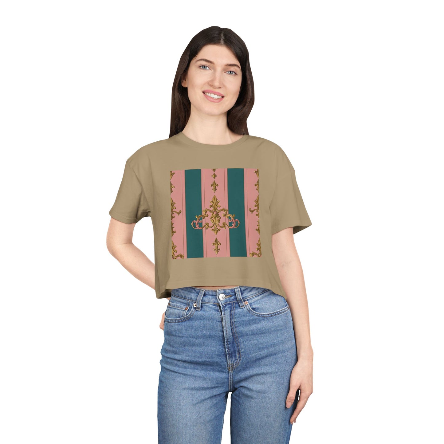 Baroque Vintage Women's Crop Tee, Casual Top, Summer Fashion, Trendy Shirt, Graphic T-Shirt, Gift for Her - Pink & Teal Striped Gold Baroque