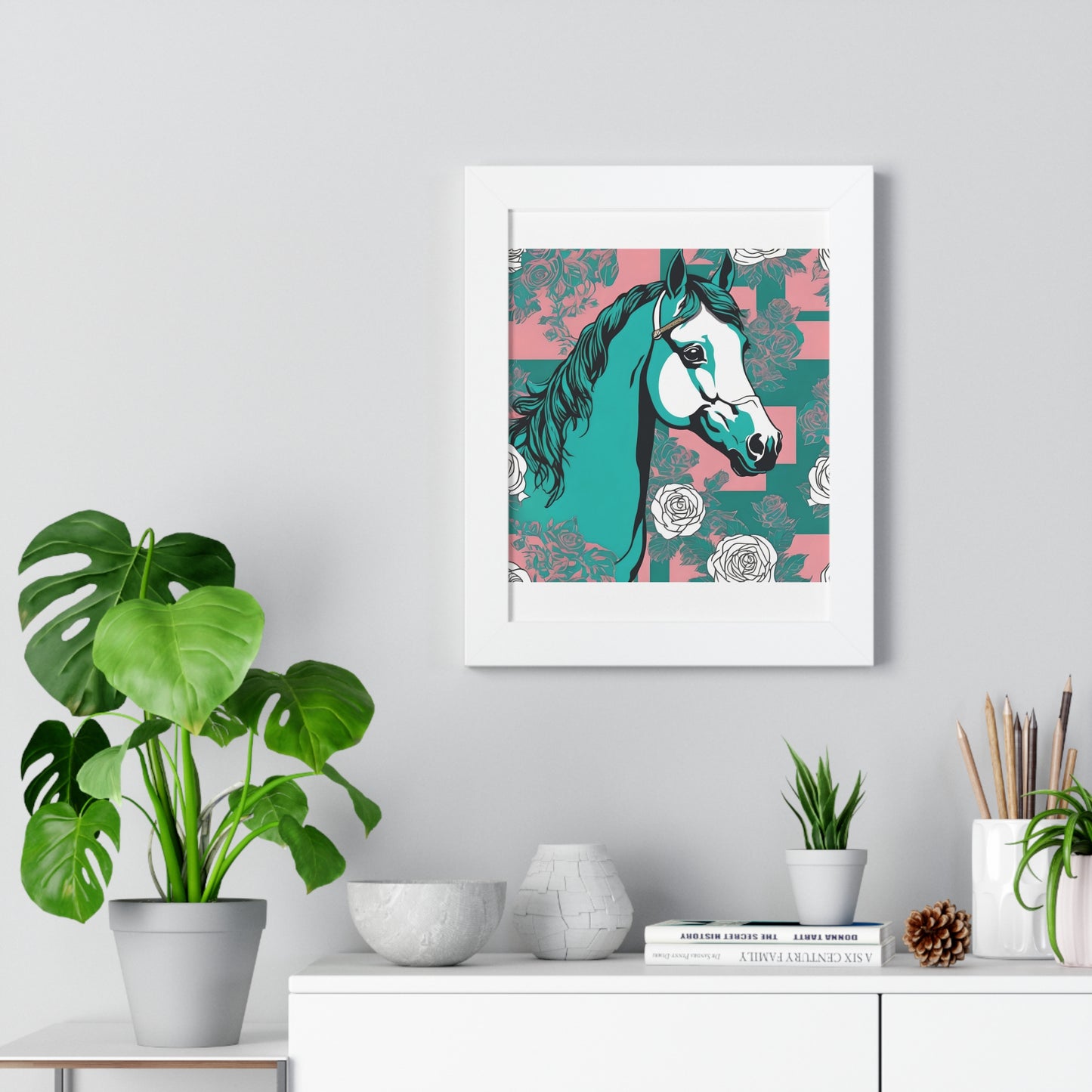 Vertical Poster - Stylish Modern Art for Home Decor - Teal & White Horse