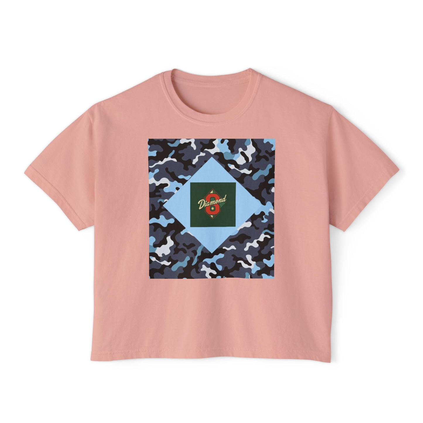Camouflage Women's Boxy Tee, Casual Outfit, Relaxed Style Tee, Everyday Wear, Gift for Her, Comfortable Top - Blue Camo Diamond 8