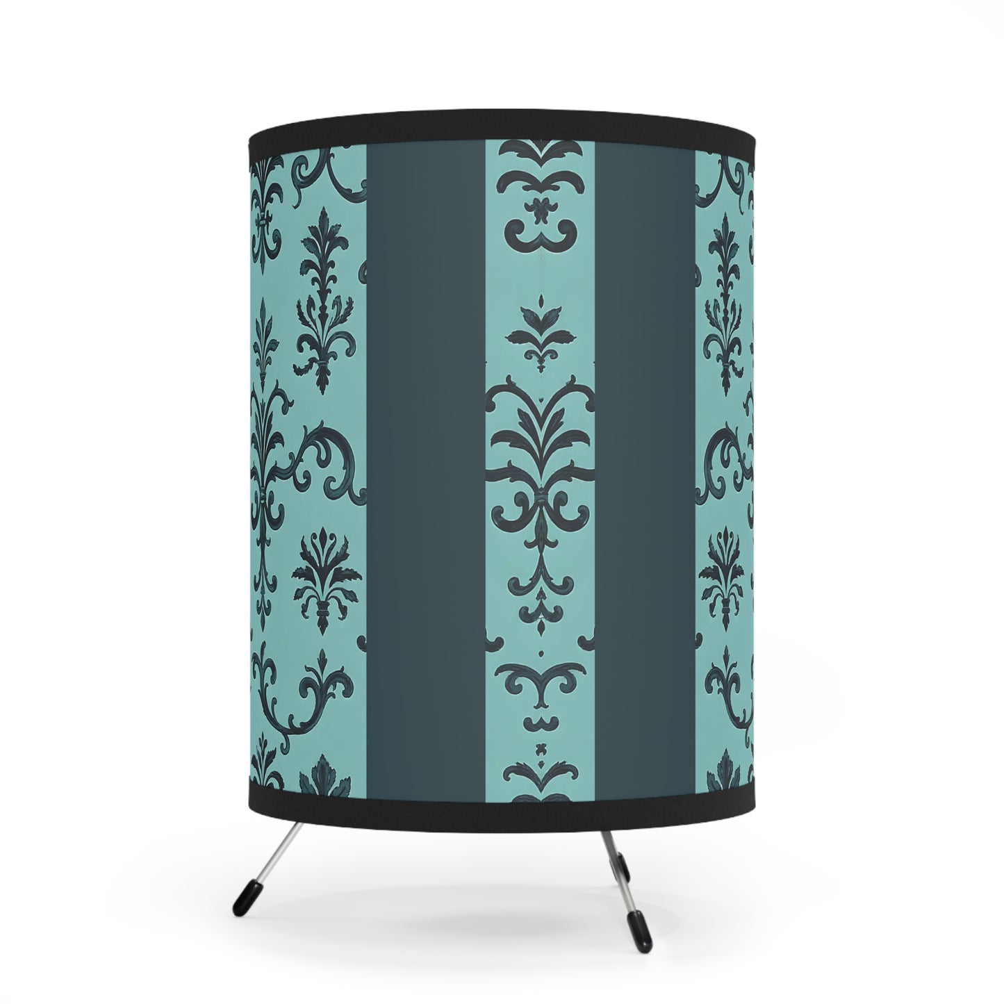 Elegant Tripod Lamp with High-Res Floral Printed Shade, Home Decor, Living Room Lighting, Design Lovers Gift - Teal Striped Rococo