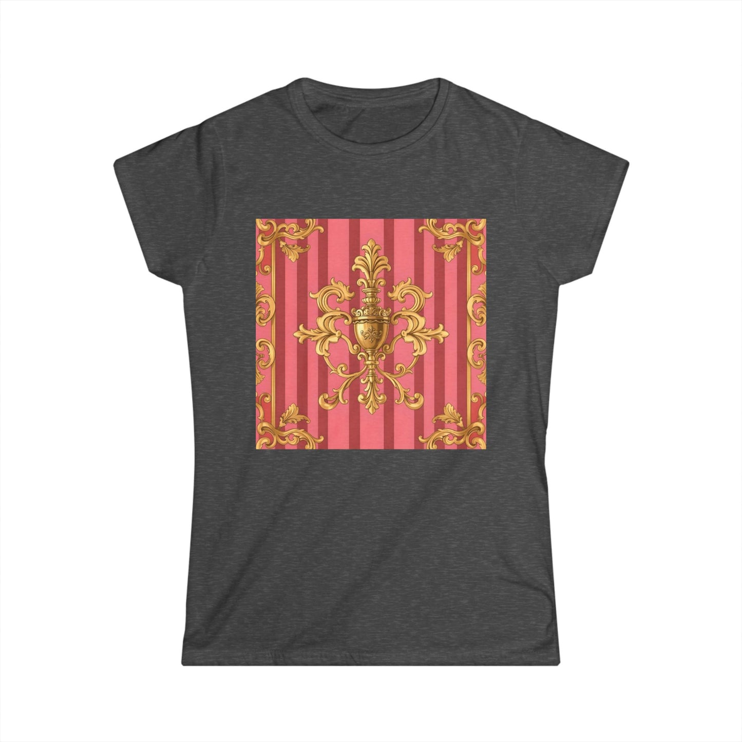 Chic Baroque Pattern Women's Softstyle Tee, Casual Summer Fashion, Gift for Her, Elegant Everyday Wear - Pink Striped Gold Baroque