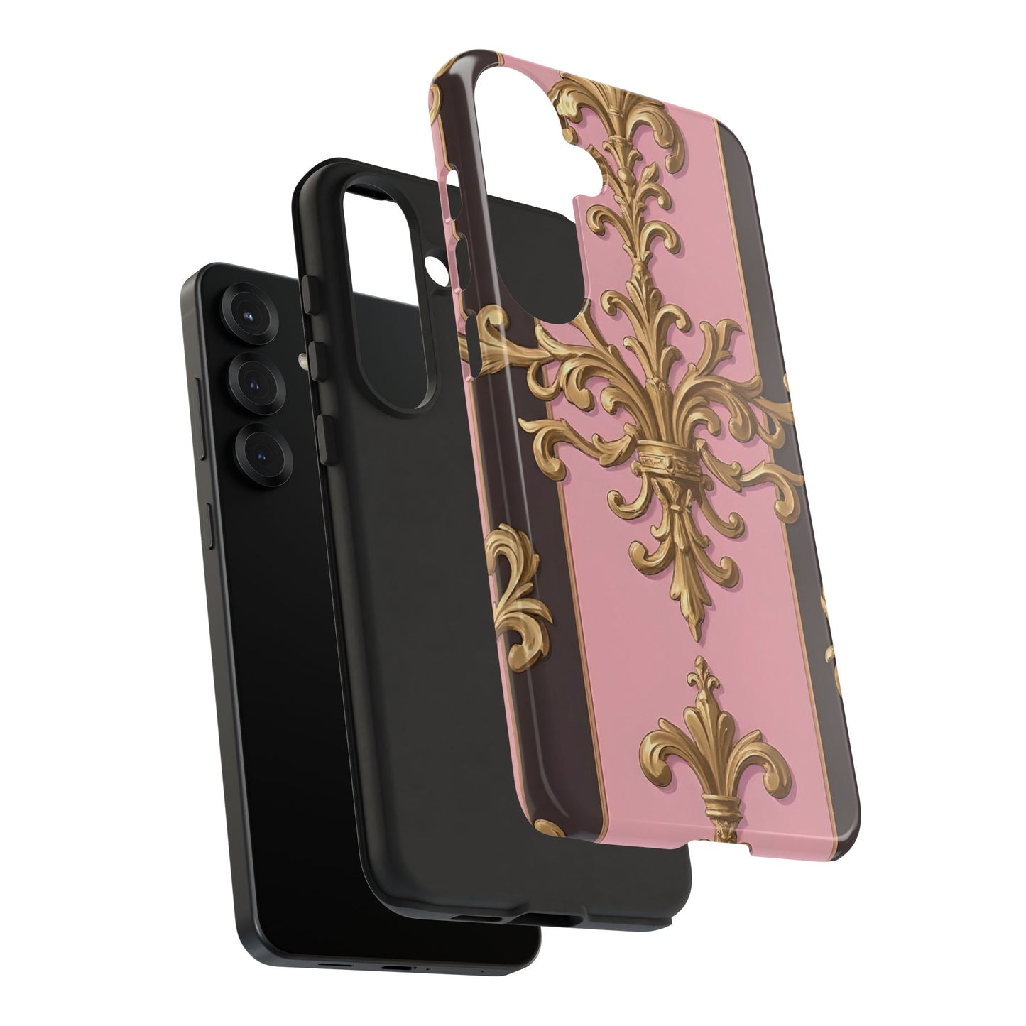Elegant Floral Motif Phone Case - Tough Cases with Vintage Design - Pink & Brown Striped Gold Damask