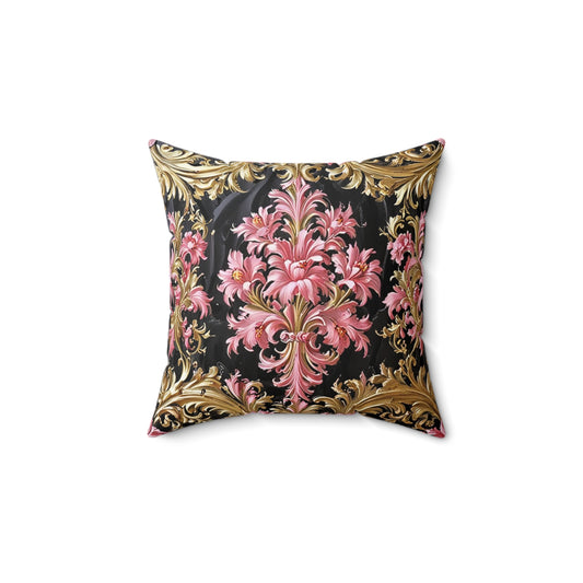 Luxurious Floral Print Pillow, Bohemian Home Decor, Throw Cushion, Elegant Accent Pillow, Gift for Her - Black & Pink Oil Painting Style Rococo