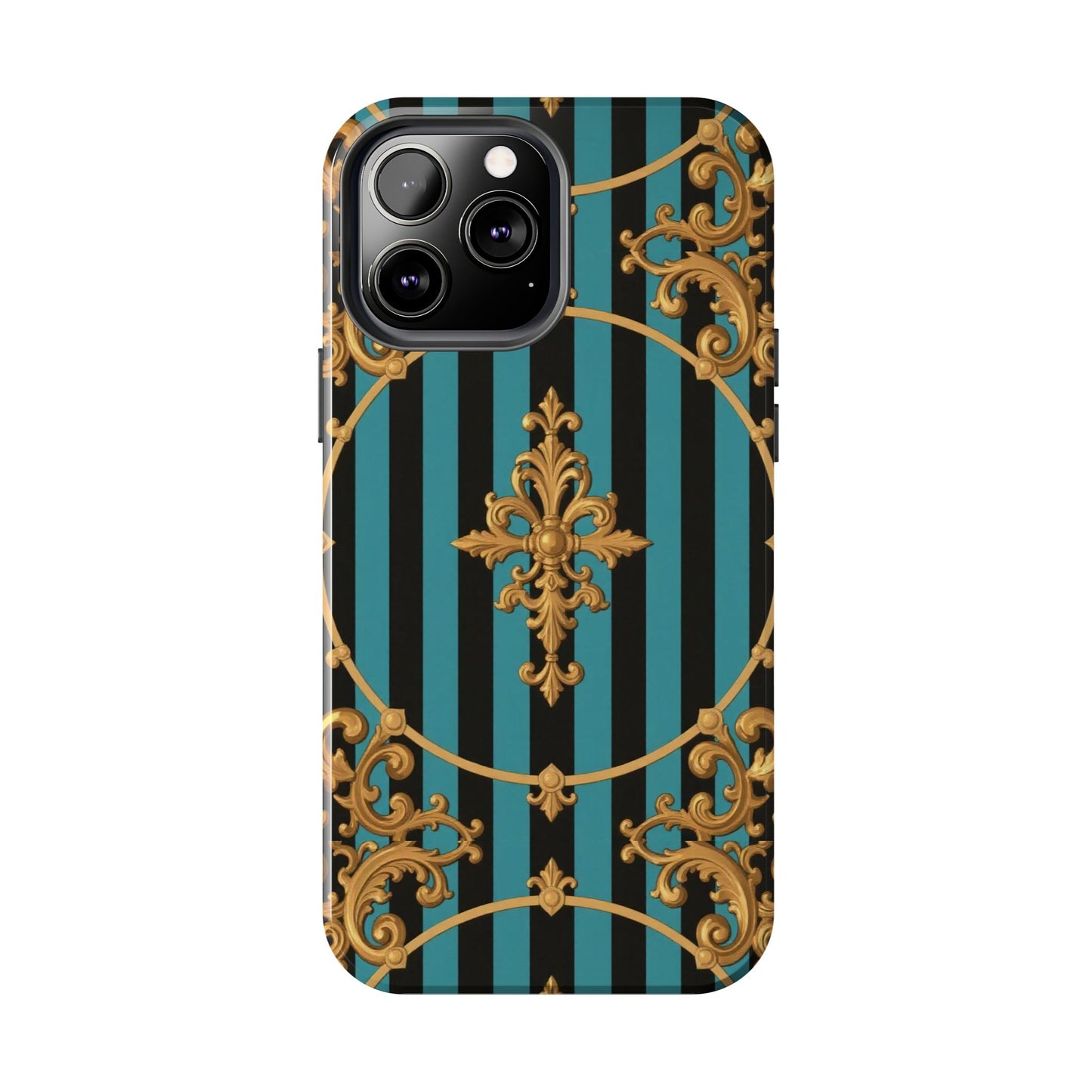 Elegant Turquoise & Black Striped Gold Baroque Phone Case, Tough Phone Cases for Fashion Lovers, Gift for Her, Luxury Accessories