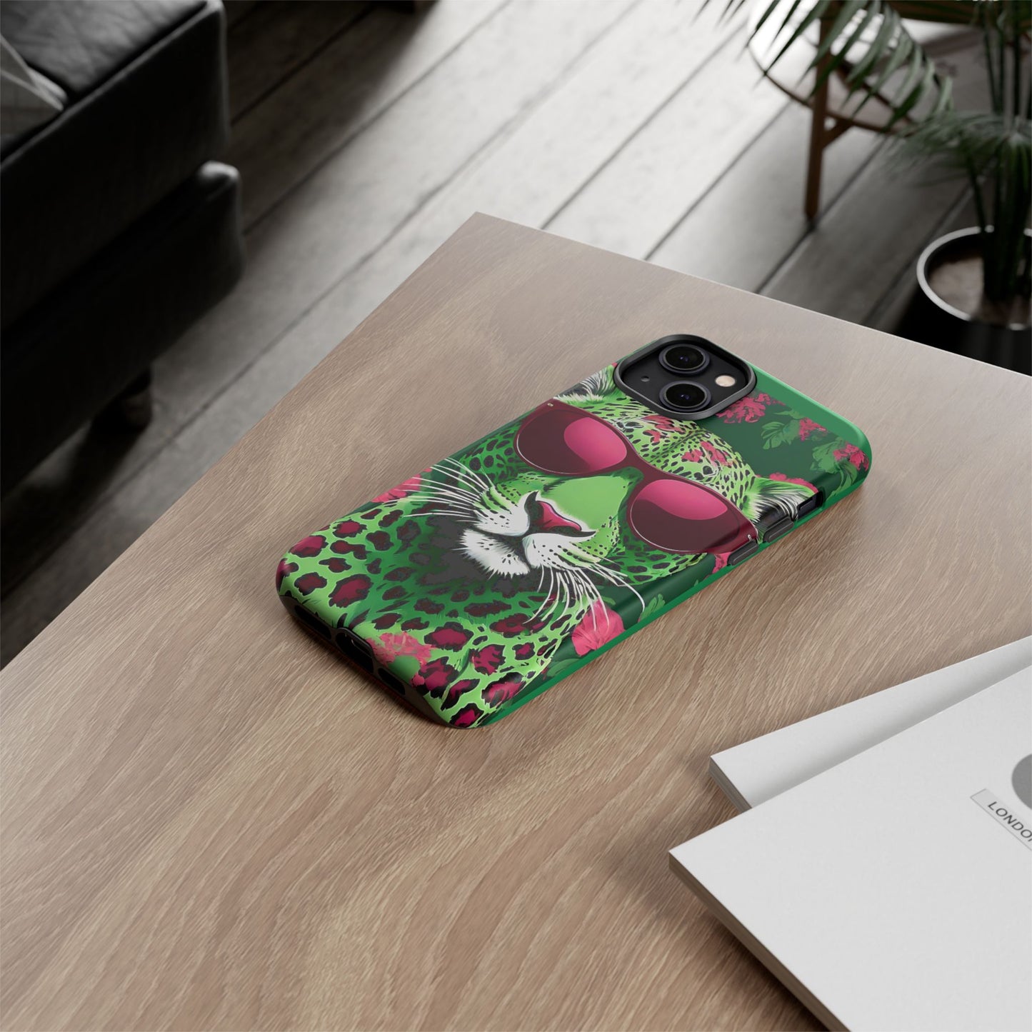 Phone Case - Lime Green & Burgundy Leopard In Sunglasses Design