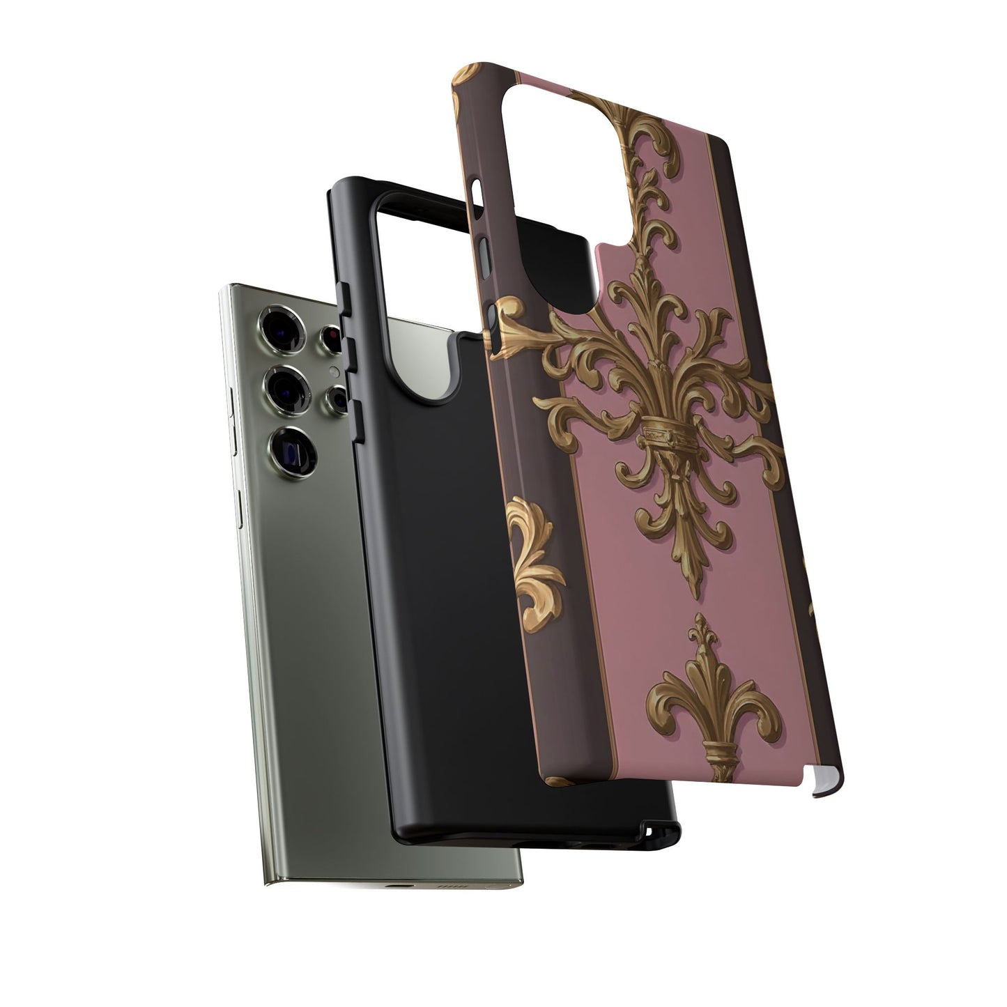 Elegant Floral Motif Phone Case - Tough Cases with Vintage Design - Pink & Brown Striped Gold Damask