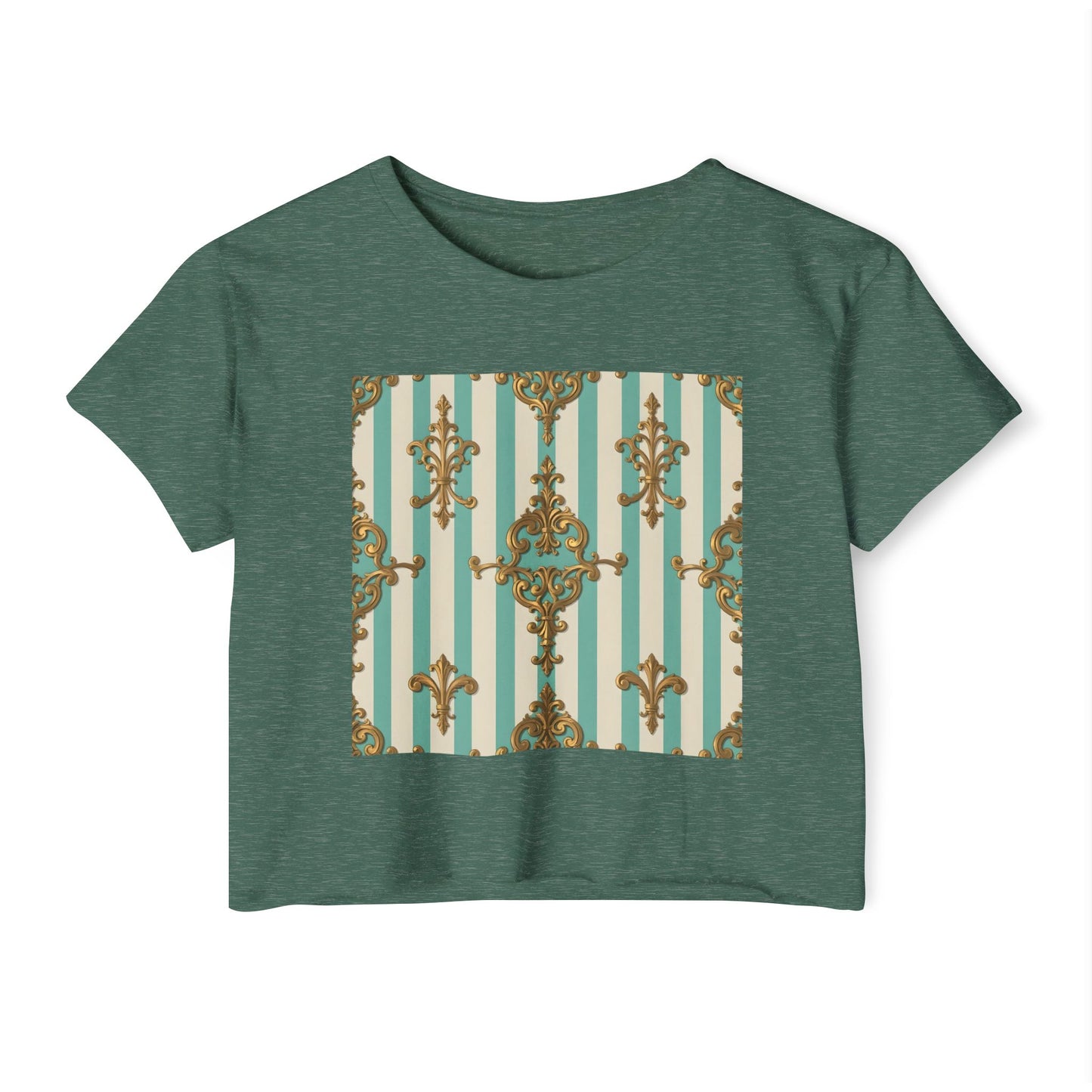 Boho Chic Women's Festival Crop Top - Trendy Summer Wear, Beach Party Fashion - Matte Green Striped Rococo