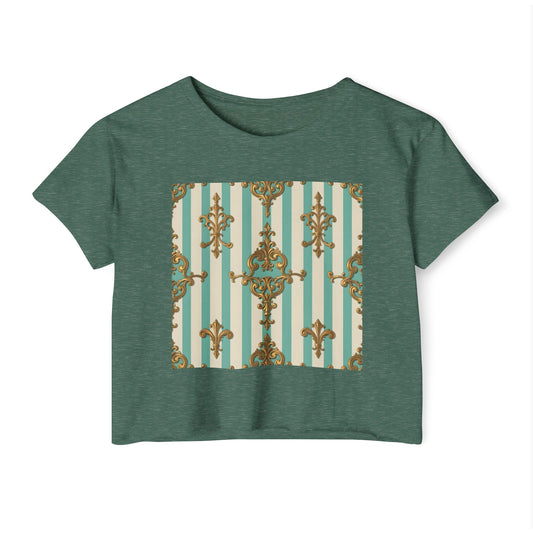 Boho Chic Women's Festival Crop Top - Trendy Summer Wear, Beach Party Fashion - Matte Green Striped Rococo