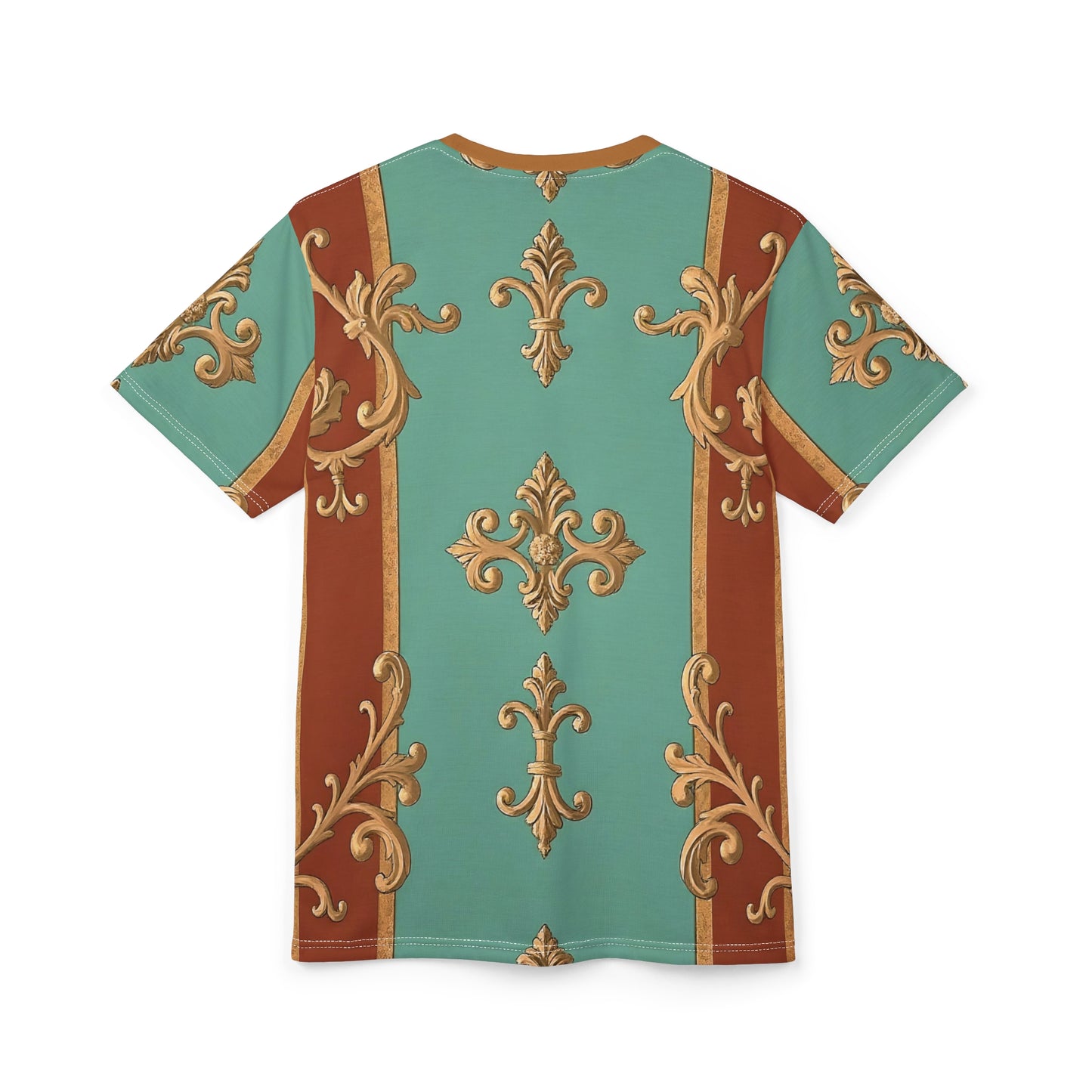 Elegant Baroque Unisex Cut & Sew Tee - Stylish Floral Pattern - Rust & Mint Aqua Striped Baroque