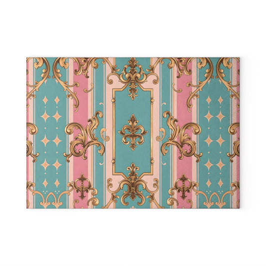 Elegant Glass Cutting Board with Vintage Floral Design, Kitchen Decor, Gift for Hostess, Wedding Registry - Pink & Matte Turquoise Striped Rococo