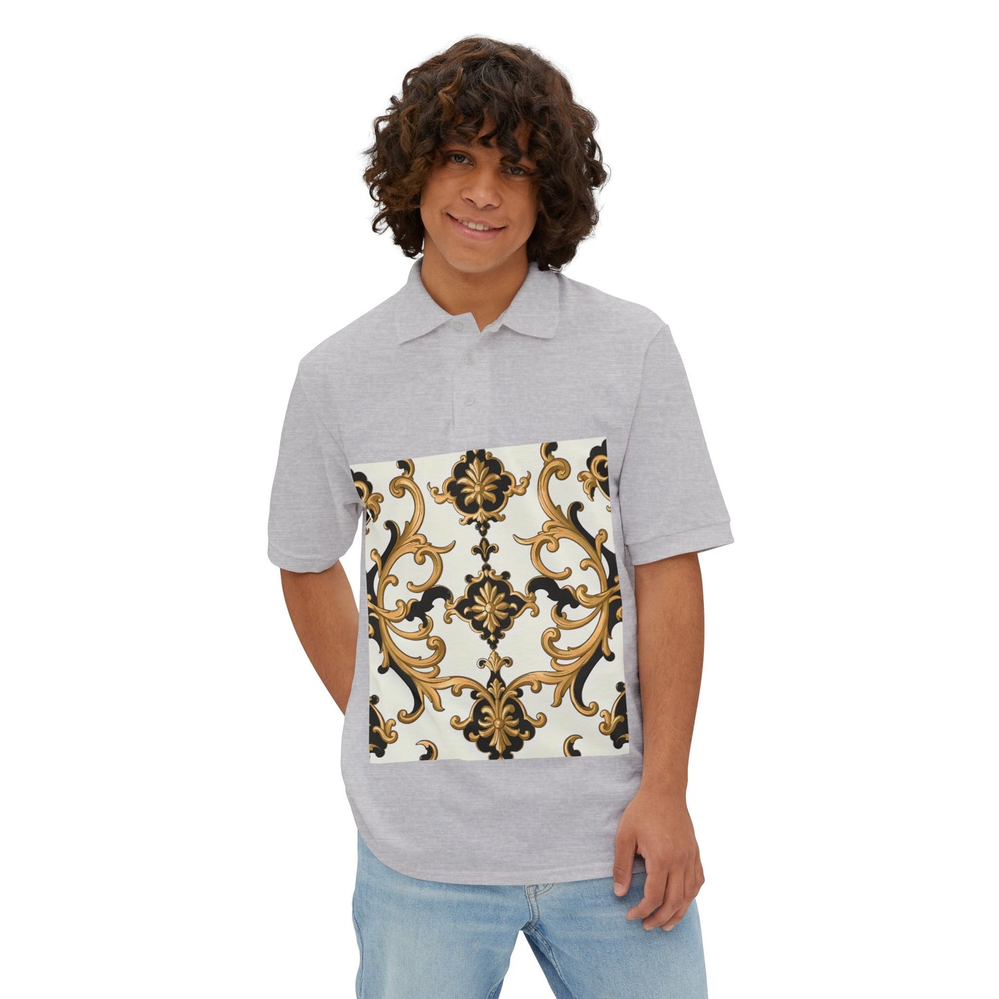 Stylish Men's Piqué Polo Shirt with Elegant Design - Perfect for Casual Events, Golf, Summer Days, Gifts - Black & Gold Rococo