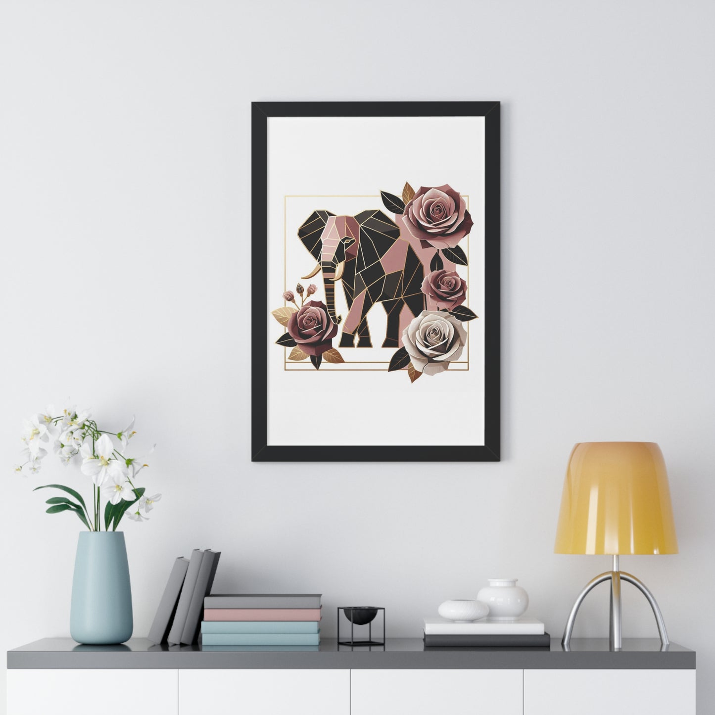 Vertical Poster - Brown & Mauve Elephant & Roses Wall Art