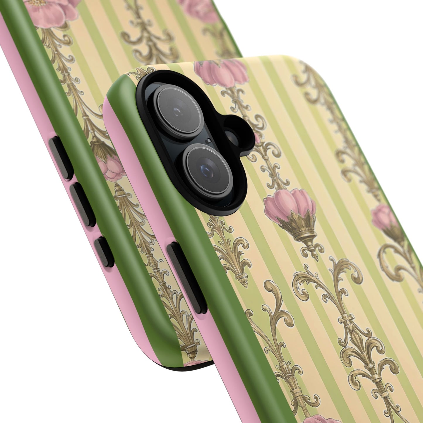 Elegant Floral Motif Phone Case - Tough Cases with Vintage Design - Lime Green & Pink Striped Damask