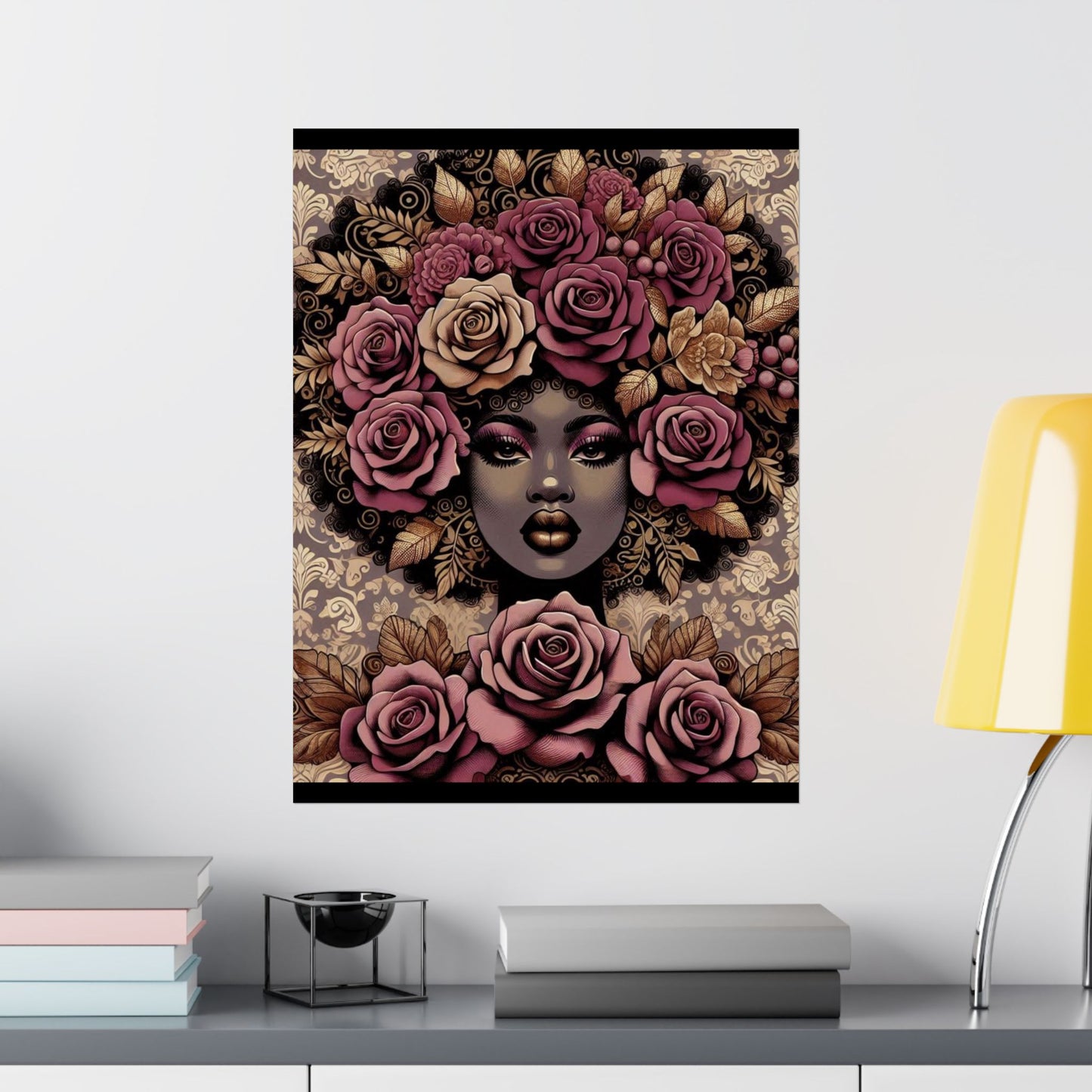 Floral Afro Art Poster - Elegant Matte Vertical Wall Decor - Mauve Lady & Damask