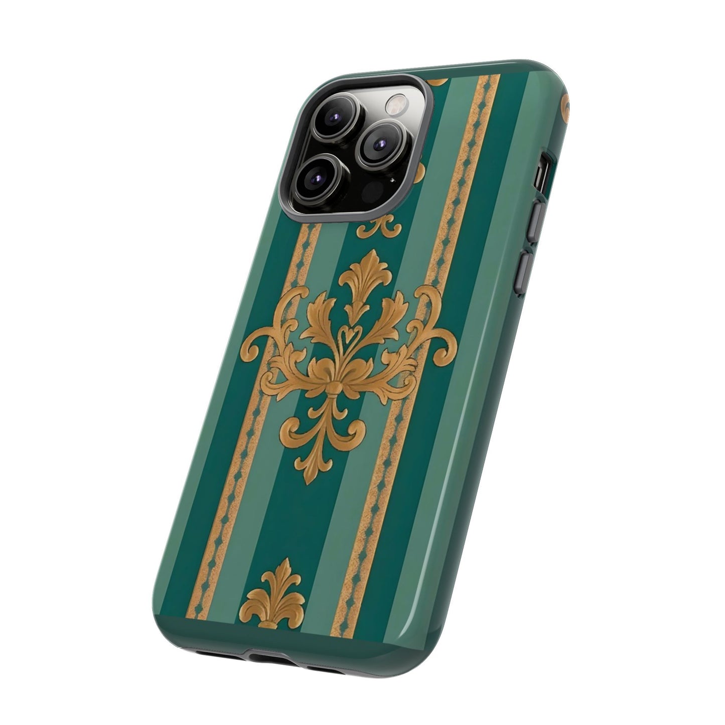 Elegant Floral Motif Phone Case - Tough Cases with Vintage Design - Teal Striped Gold Damask