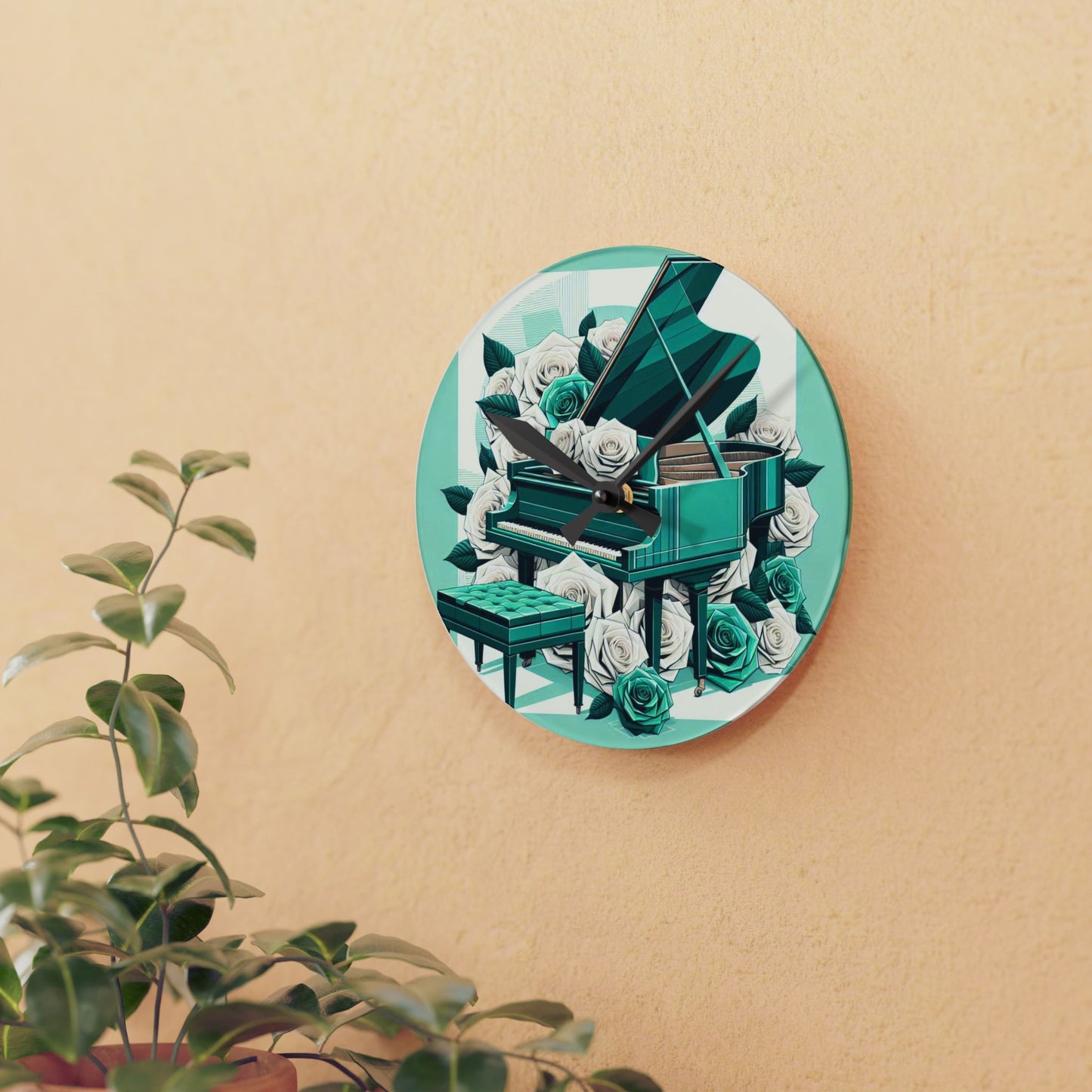Elegant Aqua Piano and Roses Acrylic Wall Clock - Perfect Gift for Music Lovers