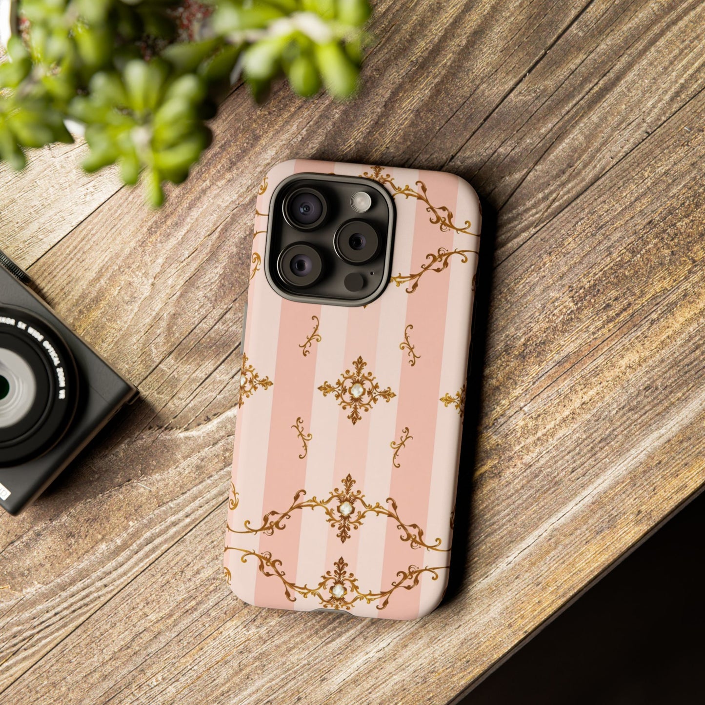 Elegant Floral Phone Case, Tough Cases for Women, Trendy Phone Cover, Chic Gift - Pink Jeweled Striped Gold Baroque