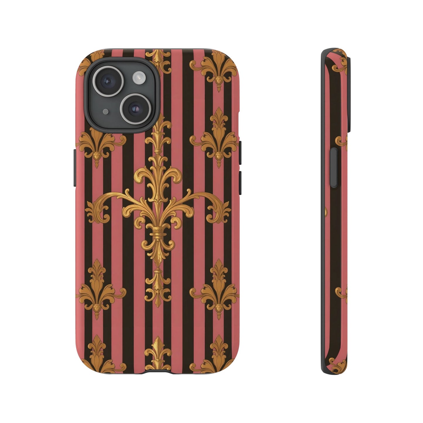 Elegant Floral Motif Phone Case - Tough Cases with Vintage Design - Mauve Striped Gold Damask