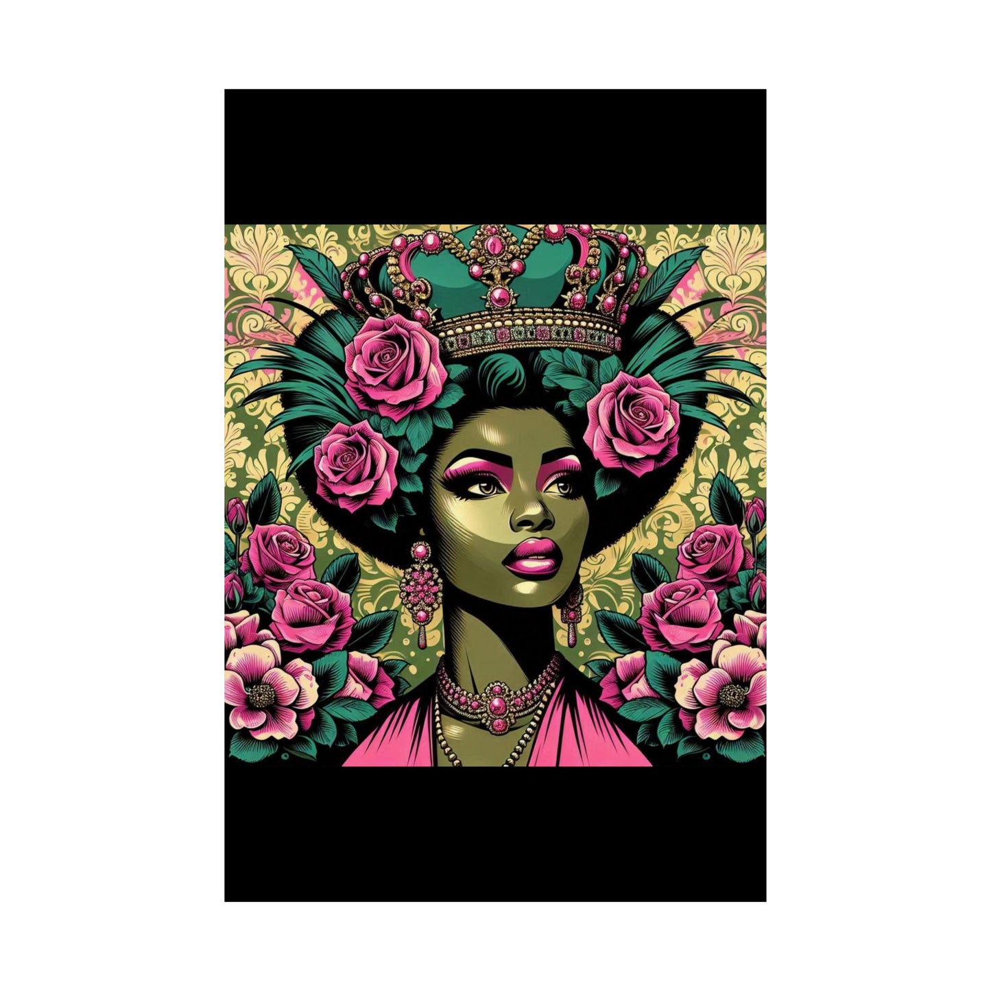 Floral Afro Art Poster - Elegant Matte Vertical Wall Decor - Olive Green Lady & Damask