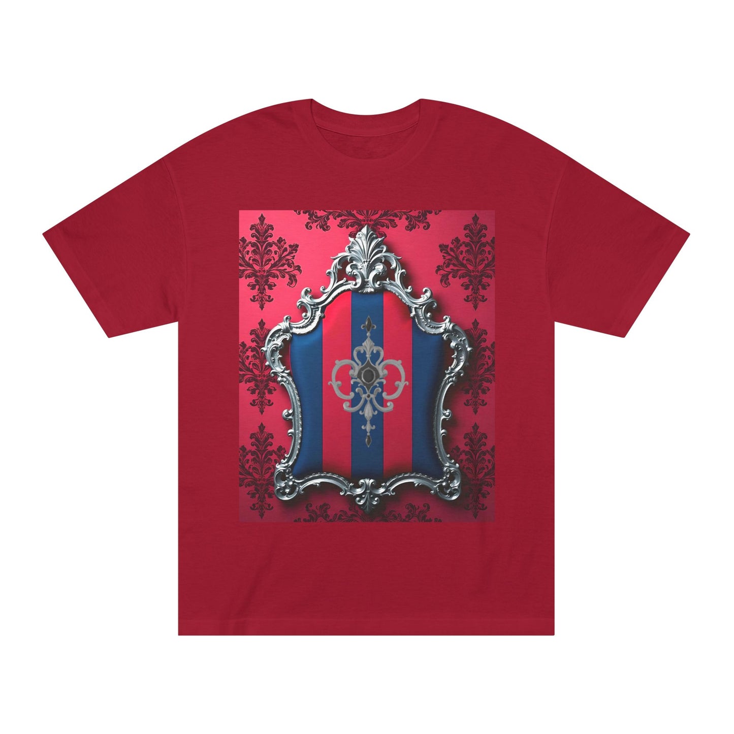 Vintage Couture Shield Unisex Classic Tee, Fashion T-Shirt, Gift for Fashion Lovers, Casual Wear, Unique Graphic Shirt - Blue & Red Striped Silver Crest