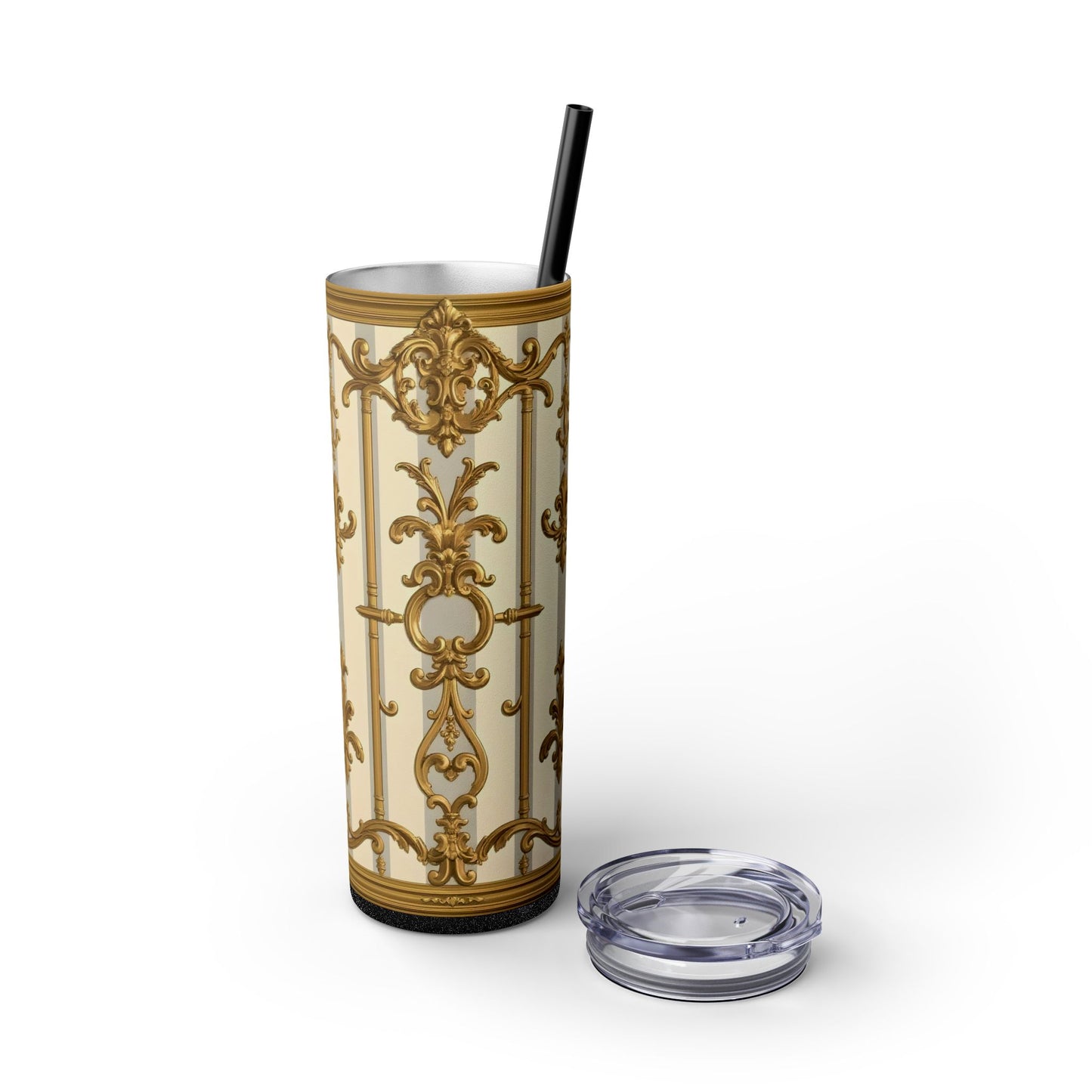 Elegant Vintage Skinny Tumbler with Straw, 20oz - Golden Baroque Design for Weddings, Parties - Matte Gray & Cream Striped Gold Baroque