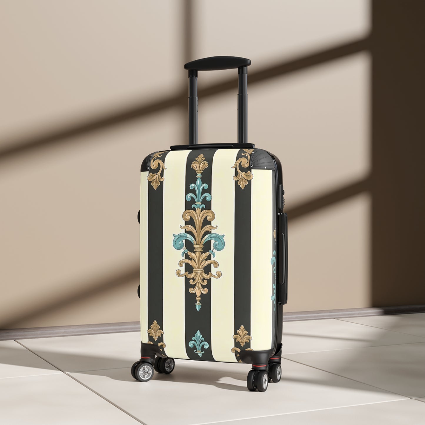 Chic Travel Suitcase | Vintage Floral Design, Luggage Bag, Stylish Carry-On, Travel Gear, Vacation Essentials - Black Striped Turquoise & Black Rococo