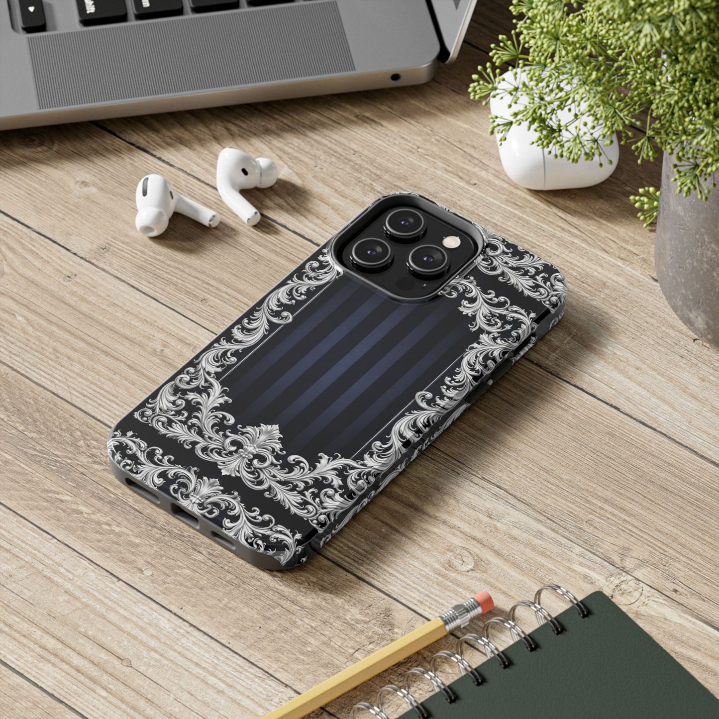 Navy Stripes & Baroque Tough Phone Case — Protective Decorative iPhone Case